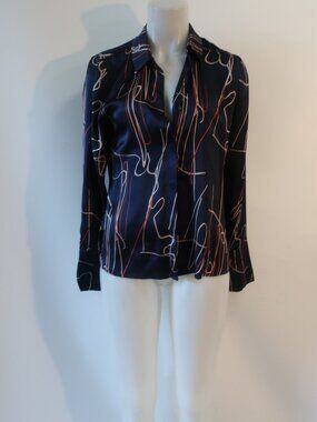 Womens ECRU 100% Silk Navy Blue, Beige, Red Button Down Blouse S